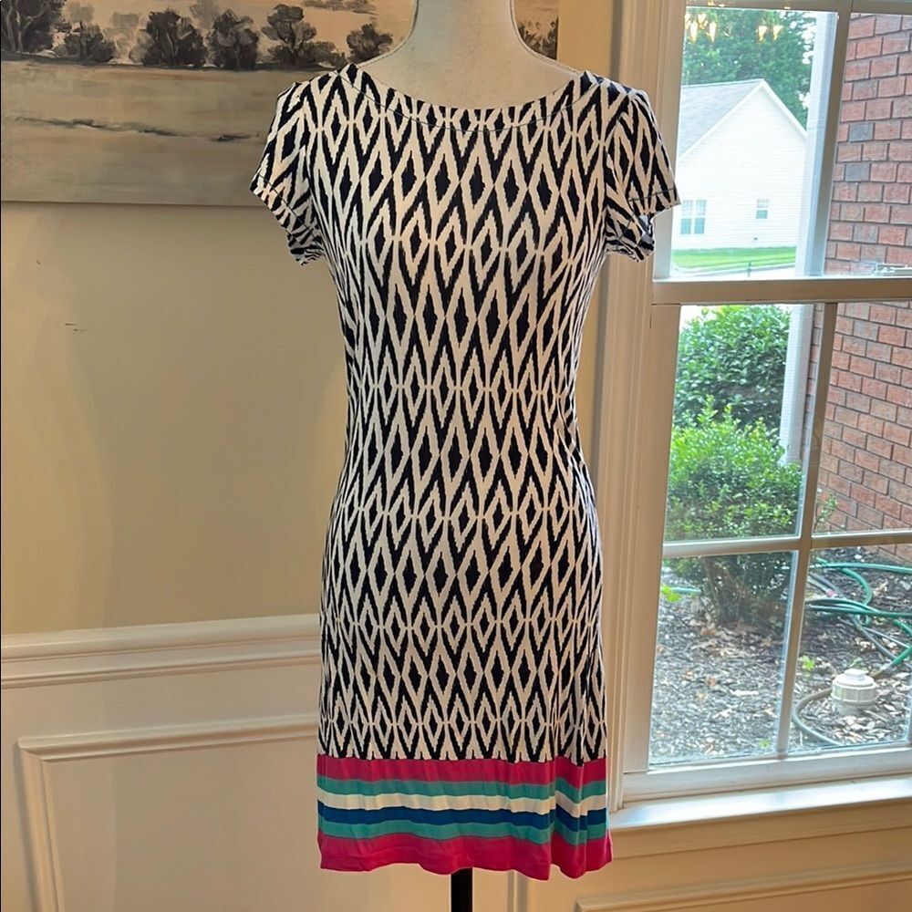 Hatley Blue and White Geometric Mini Dress with Colorful Stripes